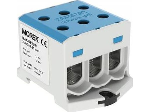 Simet AL CU kierteinen kiskoliitin 6-95mm2 TS 35, 1 kisko, 6 liitinreikää, OTL95-3 sininen MAA3095B10 89827003