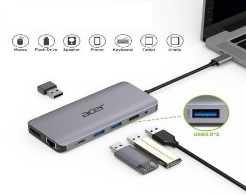 Acer 12-i-1 Type-C-adapter - Dockningsstation - USB-C - 2 x HDMI, DP - GigE - Silver