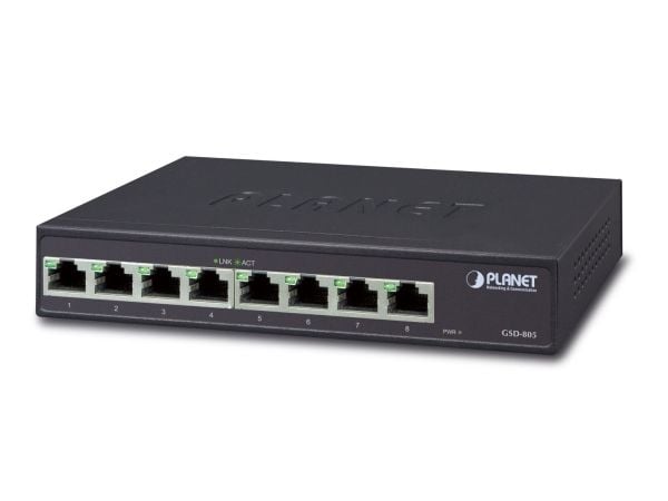 PLANET GSD-805, Uhåndtert, Gigabit Ethernet (10/100/1000), Full tosidig, Rack-montering, Kan monteres på vegg