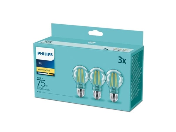 Philips Hehkulankalamppu, kirkas 75W A60 E27 x3, 8,5 W, 75 W, E27, 1055 lm, 15000 h, Lämmin valkoinen