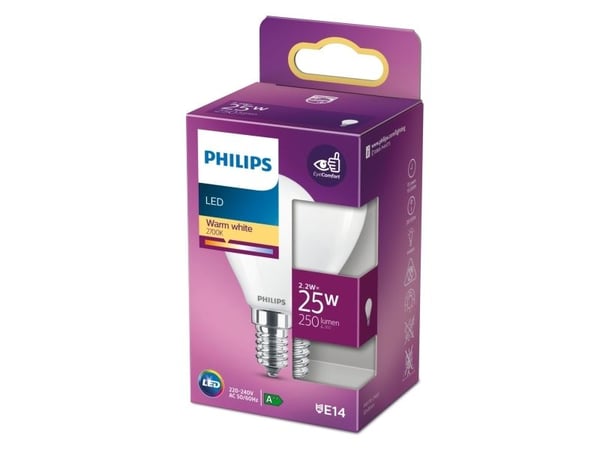 Philips LED - LED-lyspære - mattslipt finish - E14 - 2.2 W (ekvivalent 25 W) - klasse A++ - varmt hvitt lys - 2700 K