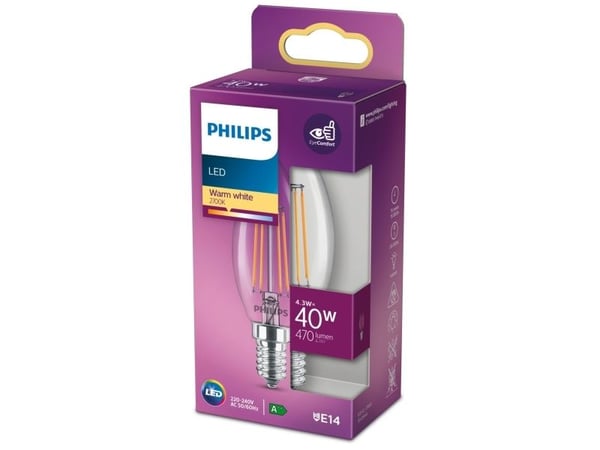 Philips Filamentti kynttilälamppu kirkas 40W B35 E14, 4,3 W, 40 W, E14, 470 lm, 15000 h, Lämmin valkoinen