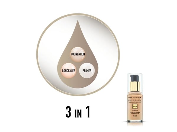 Max Factor Facefinity All Day Flawless 3 in 1, Pumpe flaske, Krem, Gull, Golden, Medium, Universell