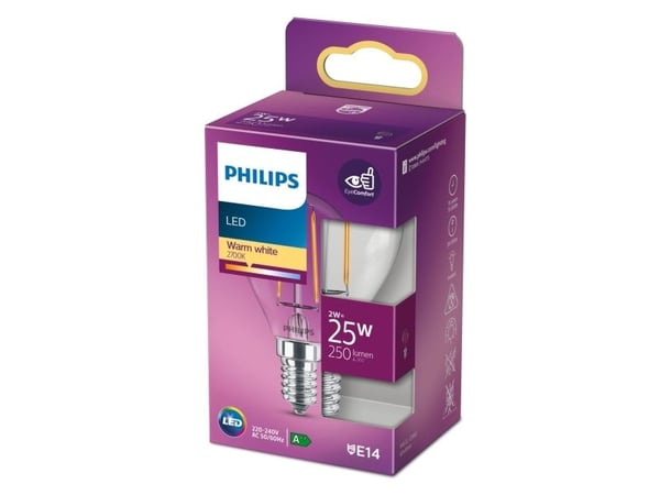 Philips LED Classic - LED-filamentlyspære - form: P45 - klar finish - E14 - 2 W (ekvivalent 25 W) - klasse E - varmt hvitt lys - 2700 K
