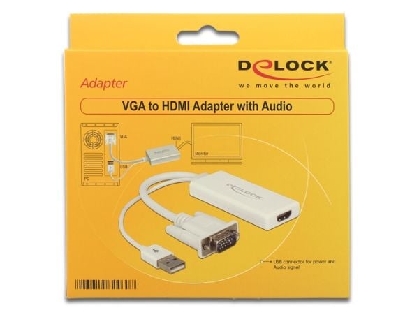 Delock - Video/audio-adapter - USB, 15 pin D-Sub (DB-15) hann til HDMI hunn - 25 cm - hvit