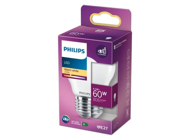 Philips - LED - form: P45 - mattslipt finish - E27 - 6.5 W (ekvivalent 60 W) - klasse A++ - varmt hvitt lys - 2700 K