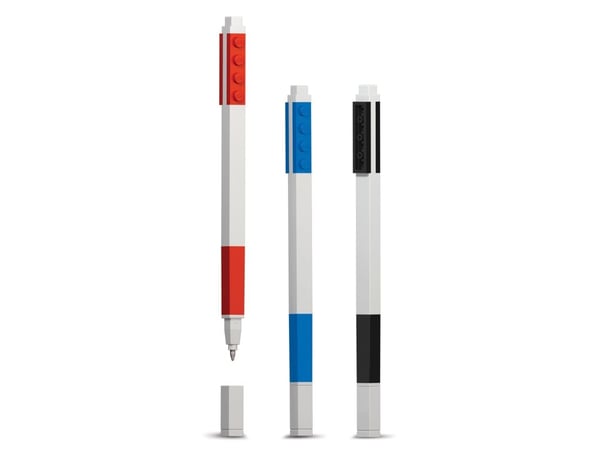 LEGO gelpenner, 3 stk rød, blå, sort