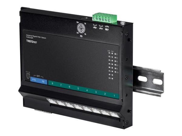 TRENDnet TI-PG102F - Industrial - switch - 8 x 10/100/1000 (PoE+) + 2 x kombo-Gigabit SFP - DIN-skinnemonterbar, veggmonterbar - PoE+ (240 W) - DC-...