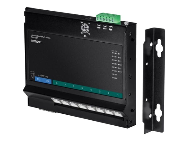 TRENDnet TI-PG102F - Industrial - switch - 8 x 10/100/1000 (PoE+) + 2 x kombo-Gigabit SFP - DIN-skinnemonterbar, veggmonterbar - PoE+ (240 W) - DC-...