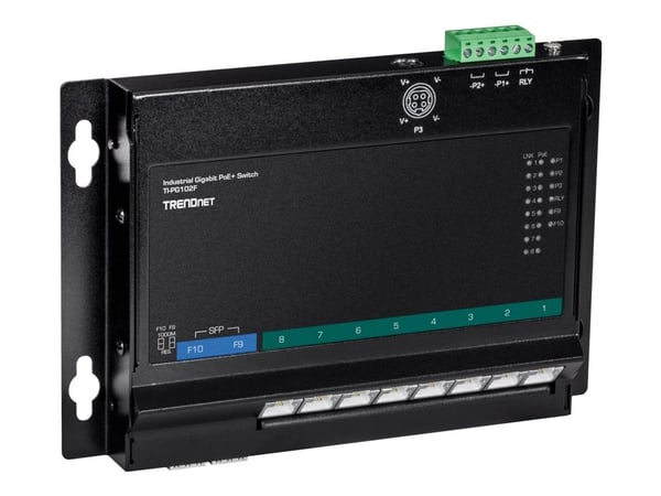 TRENDnet TI-PG102F - Industrial - switch - 8 x 10/100/1000 (PoE+) + 2 x kombo-Gigabit SFP - DIN-skinnemonterbar, veggmonterbar - PoE+ (240 W) - DC-...