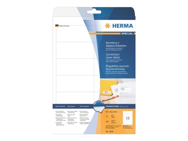 HERMA Special - Hvit - 97 x 42.3 mm 300 etikett(er) (25 ark x 12) permanente selvklebende matte opake rettelses/omslags-papiretiketter