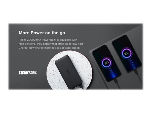 Xiaomi Redmi - Power bank - 20000 mAh - 74 Wh - 18 watt - 3.6 A - Fast Charge - 2 utdatakontakter (USB) - svart