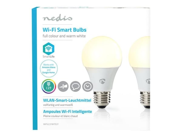 Nedis Wi-Fi Smart - LED-lyspære - form: A60 - E27 - 6 W (ekvivalent 40 W) - klasse G - RGB/varmhvitt/hvitt lys - 2700 K (en pakke 2)