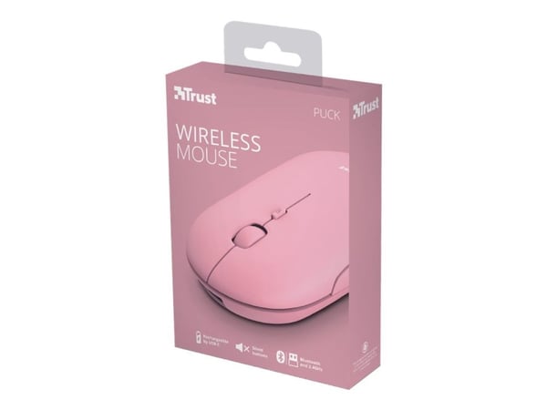 Trust Puck, Molempikätinen, Optinen, RF Wireless + Bluetooth, 1600 DPI, Vaaleanpunainen