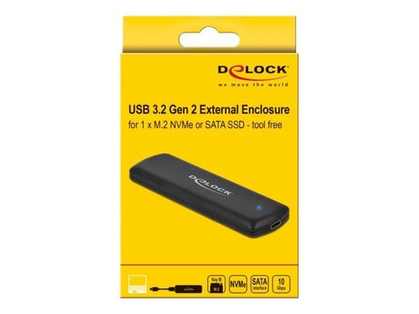 DeLOCK 42633, SSD-kotelo, M.2, PCI Express, SATA, 10 Gbit/s, USB-liitettävyys, Musta