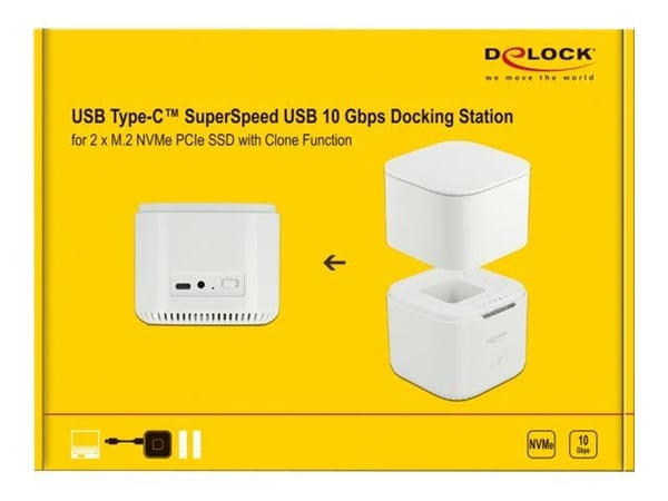 Delock - HDD-dokkestasjon - brønner: 2 - M.2 - M.2 NVMe Card - USB 3.2 (Gen 2) - hvit