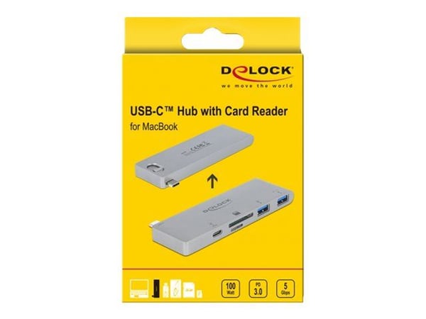 Delock 3 Port Hub ja 2 korttipaikan kortinlukija MacBookille PD 3.0:lla ja sisäänvedettävällä USB Type-C-liitännällä - Hub - 2 x USB 3.2 Gen 1 + 1 ...