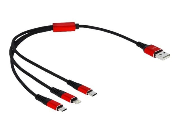 DeLOCK 85891, 0,3 m, USB A, USB C/Micro-USB B/Lightning, USB 2.0, Musta, Punainen