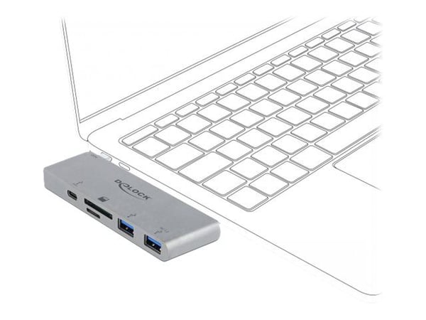 Delock 3 Port Hub and 2 Slot Card Reader for MacBook with PD 3.0 and retractable USB Type-C Connection - Hubb - 2 x USB 3.2 Gen 1 + 1 x USB-C (strö...