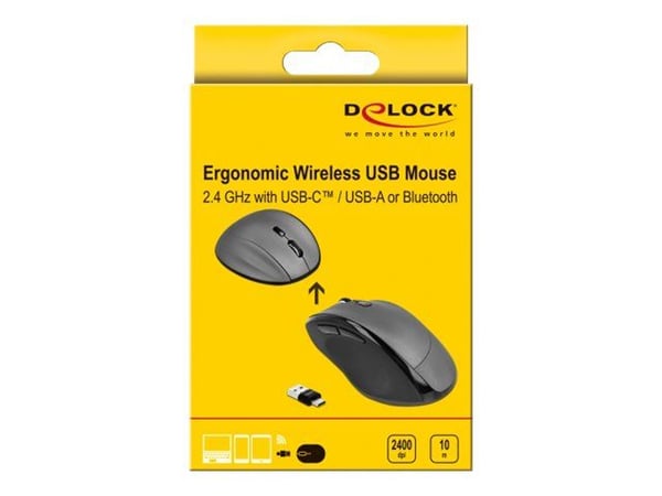 DeLOCK 12016, Oikeakätinen, Optinen, RF Wireless + Bluetooth, 2400 DPI, Antrasiitti, Musta
