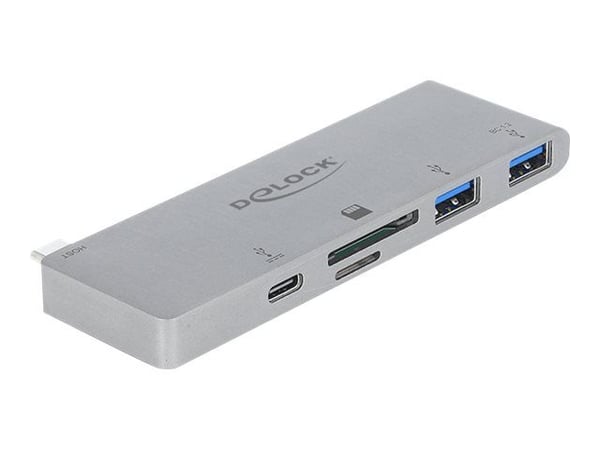 Delock 3 Port Hub ja 2 korttipaikan kortinlukija MacBookille PD 3.0:lla ja sisäänvedettävällä USB Type-C-liitännällä - Hub - 2 x USB 3.2 Gen 1 + 1 ...