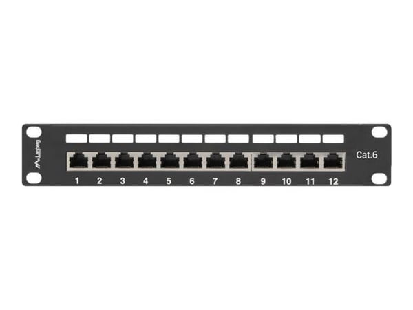 Lanberg PPF6-9012-B - Koblingspanel - rackmonterbar - CAT 6 - STP - RJ-45 X 12 - RAL 9004, svart - 1U - 10"