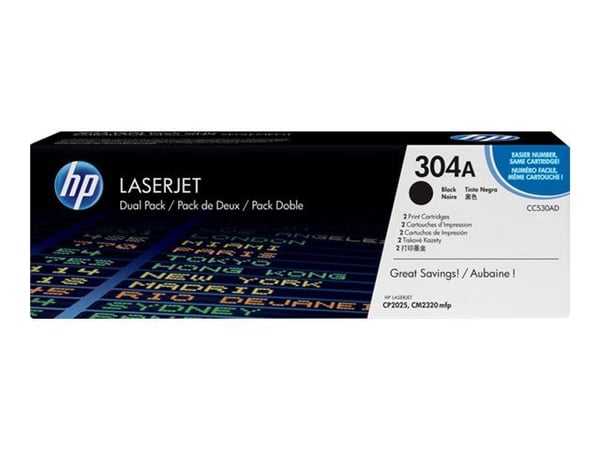 HP 304A - 2-pack - svart - original - LaserJet - tonerpatron (CC530AD) - for Color LaserJet CM2320fxi, CM2320n, CM2320nf, CP2025, CP2025dn, CP2025n...