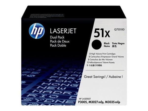 HP 51X, alkuperäinen riittoisa musta LaserJet-värikasetti, kaksoispakkaus, 26000 sivua, Musta, 2 kpl