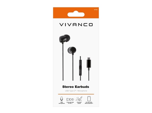 Vivanco WEVVSP10USBC-BK, Kuulokkeet, In-ear, Calls/Music, Musta, Kaksikanavainen, Moninäppäin