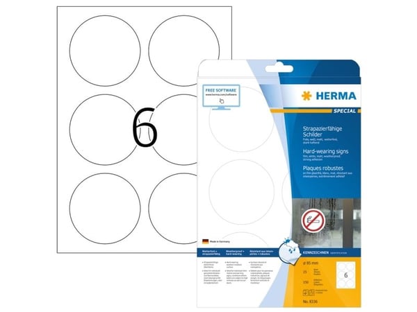 HERMA 8336, Valkoinen, Itse kiinnittyvä tulostintarra, A4, Polyesteri, Laser, Kiinteä