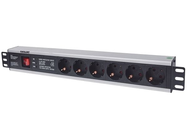 Intellinet 19" 1.5U Rackmount 6-Way Power Strip - German Type", On/Off-kytkimellä ja ylijännitesuojalla, 3m virtajohto - pistorasia (rack-versio) -...