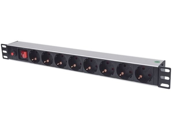 Intellinet 19" 1U 1U Rackmount 8-Way Power Strip - saksalainen tyyppi, On/Off-kytkimellä ja ylikuormitussuojalla, 3m virtajohto - pistorasia (rack-...