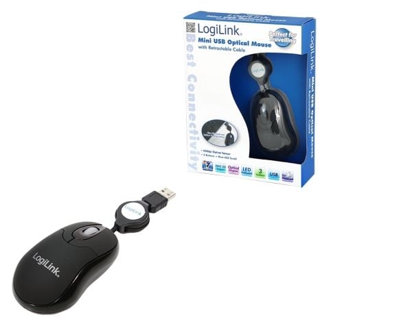 LogiLink Mini with retractable cable - Mus - høyre- og venstrehåndet - optisk - 3 knapper - kablet - USB
