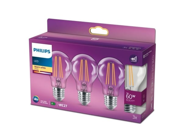 Philips Hehkulankalamppu, kirkas 60W A60 E27 x3, 7 W, 60 W, E27, 806 lm, 15000 h, Lämmin valkoinen