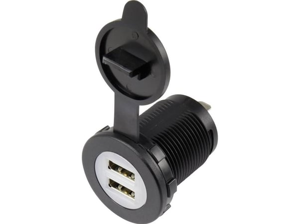 USB-uttag dubbelt inbyggt med dammskyddslock Anslutning, infällt vertikalt Dubbel, rund front Ø 36,8 mm, med blå belysning 1229307 TRU KOMPONENTER
