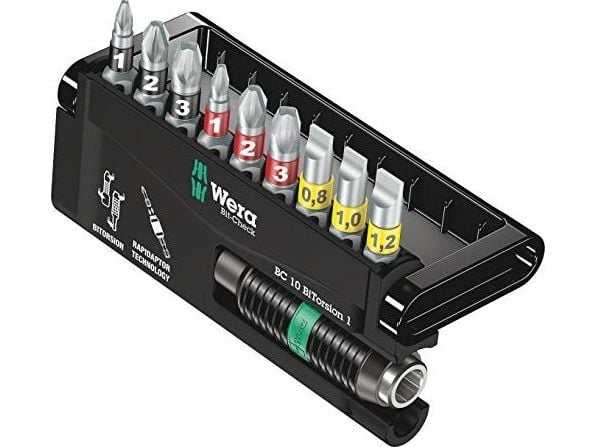 Wera Bit-Check 10 BiTorsion 1 - Screwdriver bit and bit holder set - 10 delar - phillips, pozidriv, slot - PH1, PH2, PH3, PZ1, PZ2, PZ3, SL5.5, SL6...