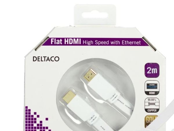 DELTACO HDMI-1020H-K - HDMI-kabel med Ethernet - HDMI hann til HDMI hann - 2 m - hvit - flat