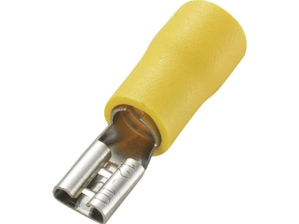 TRU COMPONENTS 1572191 Litteä liittimen kaapelikannake Liittimen leveys: 4,8 mm Liittimen paksuus: 0,5 mm 180 ° Osittain eristetty Keltainen 50 kpl