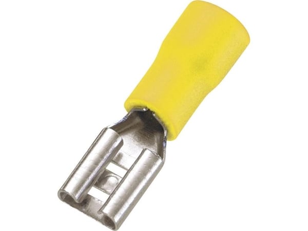 TRU COMPONENTS 1572133 Litteä liitin kaapelin korvakkeella Liittimen leveys: 6,4 mm Liittimen paksuus: 0,8 mm 180 ° Osittain eristetty Keltainen 50...