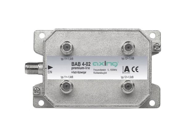 Axing BAB 4-02, Kaapelin jakaja, 5 - 1006 MHz, Harmaa, Uros, A, 4 kpl