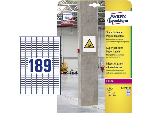 Avery L7871-20, Hvit, Rektangel, Permanent, DIN A4, Papir, Laser/Blekkskriver