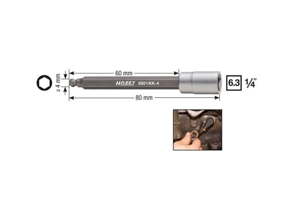 HAZET 8501KK-4, Stikkontakt, 1/4", Metrisk, 1 hoder, 4 mm, 1,2 cm