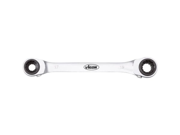 Vigor Doppel-Ratschen-Ringschlüssel, Hakenøkkel, Kromfarget, Rustfritt stål, Rett, 10,13,17,19 mm, 220 mm
