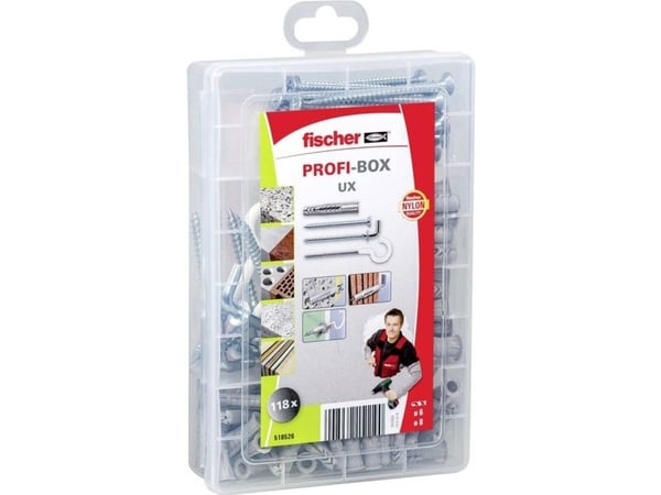 Fischer 518526, Skrue- og veggpluggsett, Lettbetong, Murstein, Betong, Gipsblokk, Gipsfiberplate, Gipsplater, Nylon, 77 stykker, Boks, 50 Universal...