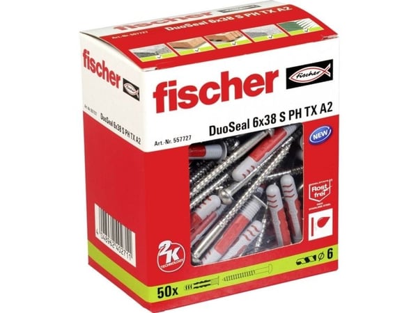 Fischer DuoSeal, Veggplugg, Nylon, Grå, Rød, 3,8 cm, 6 mm, 50 stykker