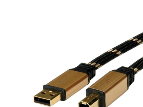 ROLINE 11.02.8802, 1,8 m, USB A, USB B, USB 2.0, Hankjønn/hankjønn, Sort, Gull