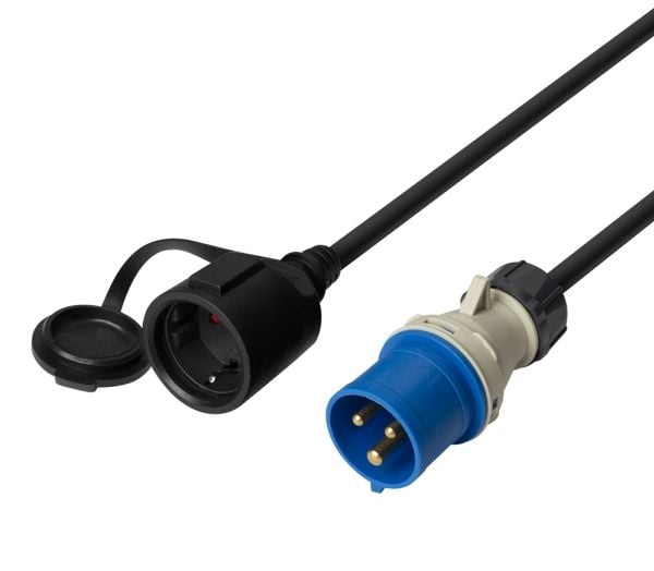 Jordet adapterkabel, 1-fase CEE>Schuko IP44 230V 16A 1 m