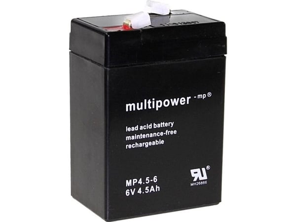 multipower PB-6-4,5-4,8 blybatteri 6 V 4,5 Ah, vedlikeholdsfritt, lav selvutlading, flatkontakt 4,8 mm, 70 x 105 x 47 mm