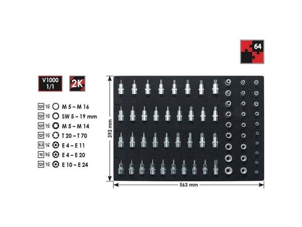 Vigor V2837, Støpselsett, 1/4+3/8+1/2", Metrisk, 64 hoder, 5,6,7,8,10,12,14,17,19 mm, 1/2,1/4,3/8"