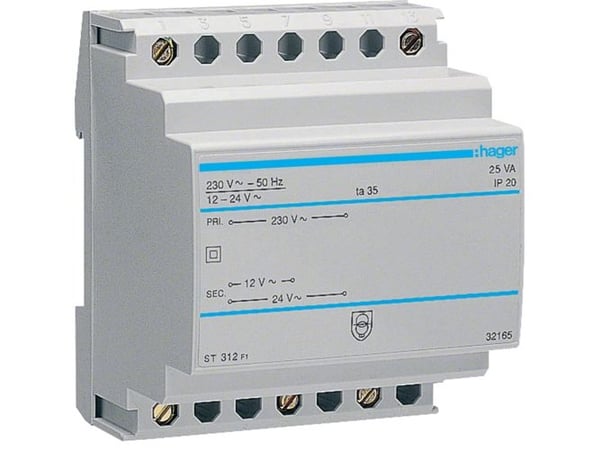 Hager ST312, Turvamuuntaja, ensiö 230V, toisio 12 / 24V, 25VA, 70mm leveä, DIN-kiskoon